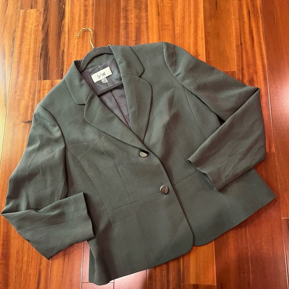 Le Suit Gray Jacket Blazer 2Button Notched Lapel Office Career Long Sleeve Sz 12